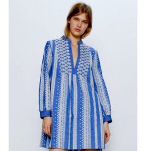 Zara Chambray Embroidered Eyelet Babydoll Tunic Dress Size Lg